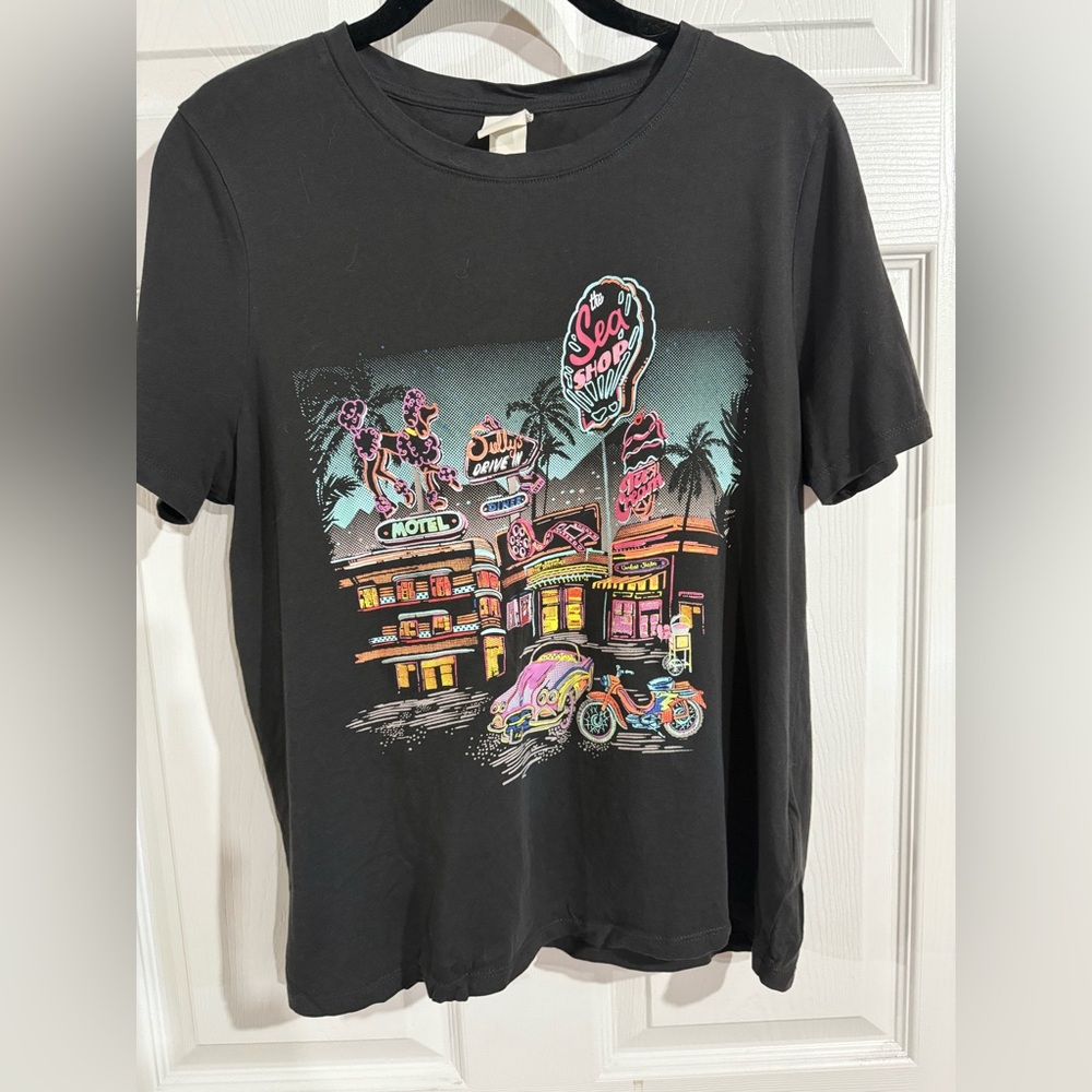 H&M Black Graphic T-Shirt with Neon Design